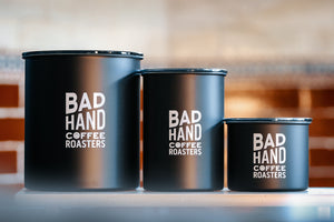 1kg, 500g and 250g Black Bad Hand Coffee canisters. With Airscape technology that makes yoiyur beans taste fresher for longer