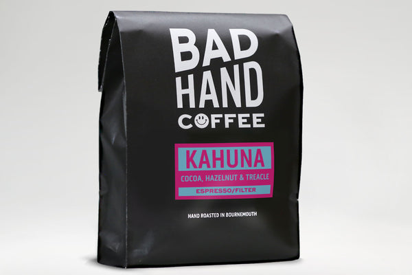 Bad hand coffee - One kilogram bag of Kahuna, a blend of coffees from Brazil with taste notes of cocoa, hazelnut and treacle, hand roasted and fresh to order. Available as whole bean or ground to your brew method.
